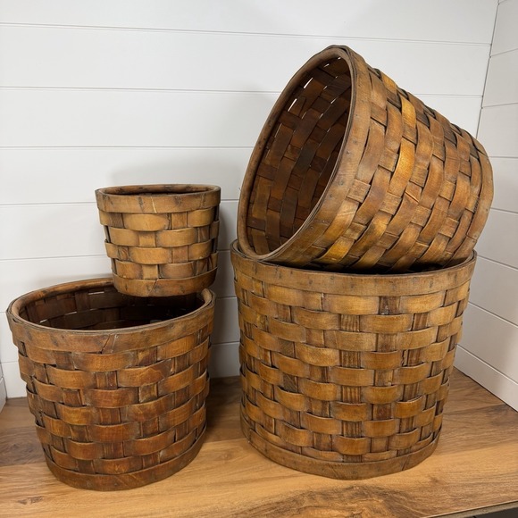 Other - Antique S-XL Nesting Wood Splint Baskets *Flaws* Dark Woven Slats With Tacks